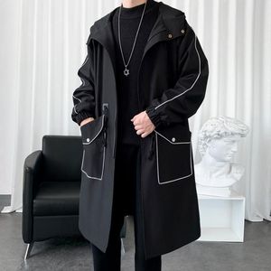 Mäns Trench Coats Men Hooded Jackor Harajuku Windbreaker Pocket Overcoat Man Casual Outwear Hip Hop Streetwear Long Coat