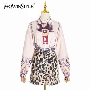 Twotwinstyle vintage tryckta leopard uppsättningar för kvinnor lappa långärmad skjorta en linje mini kjol casual två bit set kvinnlig 210517