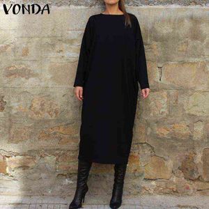 ヴォンダの女性秋の強固なドレスのファッションO首の長袖シャツのドレスエレガントなvestido Midi Robe FemmeカジュアルパーティーSundress G1214