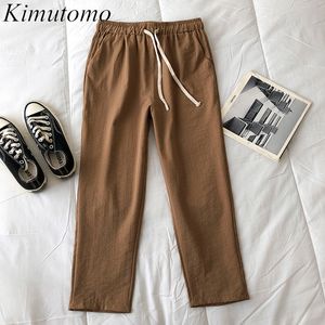 Kimutomo primavera verão calça casual mulheres Hong Kong estilo de alta elástica cintura lace-up calça de comprimento de tornozelo reto sólido 210521