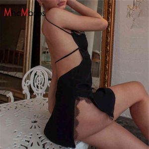 Pizzo Patchwork Strap Split Sexy Mini abito Summer Women Backless Bandage Gothic Streetwear Abiti Casual Sleep Wear 210517