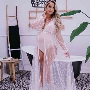 Stereo Pearl Maternity Dress for Pography Tulle Outfit Long Kimono Po Shoot 210726