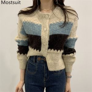 Zablokowane kolory dzianiny damskie topy wiosna pełna rękaw o-neck pojedynczy piersią koreański vintage samiczki skoczków Swetry 210514