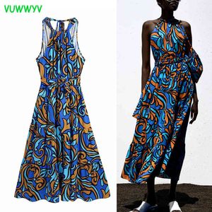Halter Dress Woman Blue Print Ruffle Midi es Women Summer Sleeveless Going Out Pleated African Front Belt 210430