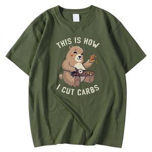 Crewneck Vintage Man T-shirts Spring Summer T-shirt Bear Eat Pizza Hur jag klipper kolhydrater tryckt toppar överdimensionerade märke tee skjortor man y0809