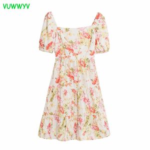 Vuwyv vintage rosa floral mini vestido mulher elegante backless bow festa mulheres manga curta drapeada senhoras es 210430