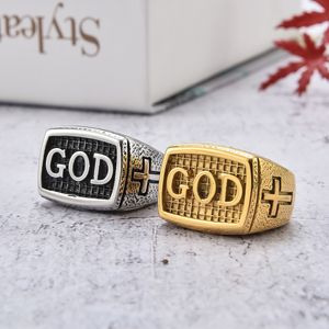 Vintage Style Męskie Bóg krzyżowy pierścień złoty antyczne posrebrzane pierścienie ze stali nierdzewnej