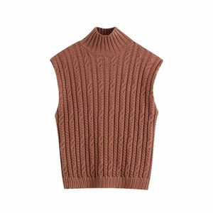 Outono inverno mulheres cabo-knit camisola colete alto-pescoço quente chique chique sem mangas mulheres blusas casual moda pullover tops 210709