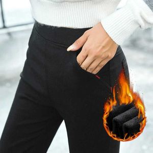 伸縮性フリースパンツ女性冬の高腰暖かいズボンブラック暖かいズボン女性ベルベットパンツプラスサイズのズボン女性2019 Q0801