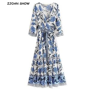 Bohemian Cross scollo a V Blue Whit Flower Print Bow Lace up Vita fessura frontale Maxi Long Women Wrap Dress Holiday 210429