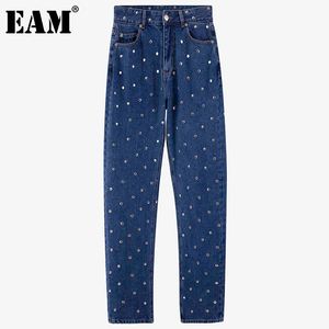 [EAM] Jeans a vita alta blu denim lunghi con macchie di metallo Jeans a gamba larga Pantaloni larghi da donna Moda Primavera Autunno 1DD6346 21512