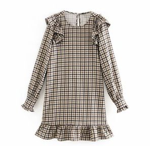 Snygg Classic Plaid Mini Dress Ruffled Checkered Straight Long Sleeve Preppy Style Kvinna Sweet Es Vestidos 210430