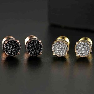 White/Black AAA Cubic Zirconia Paved Bling Iced Out Geometric Round Stud Earrings for Women Men Hip Hop Rappy Jewelry