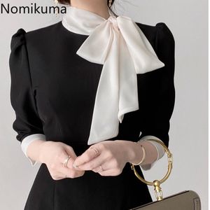 Nomikuma Elegantes Bowknot-Stehkragen-Frauenkleid Koreanisches elegantes Puffärmel-Kleid Vestidos Femme Schlankes Frühlings-Neues Vestidos 6F606 210427