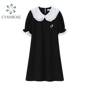 Japanese College Style Summer Dress Women Peter Pan Collar Lovely Lace Tree Fungus Draped Short Sleeve Black Lady A Line 210515