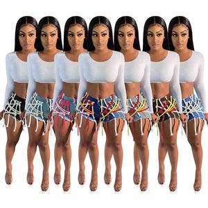 Fashion Girls Denim Shorts Sommardest Försäljning Zipper Hollow Out Bandage String Tassels High Waist Casual Jeans Street Wear 210724
