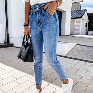 Kadın Mavi Yüksek Bel Kalem Kot Ince Düğme Cepler Bayanlar Denim Pantolon Bahar Vintage Streetwear Pantolon Kadın Alt 210715