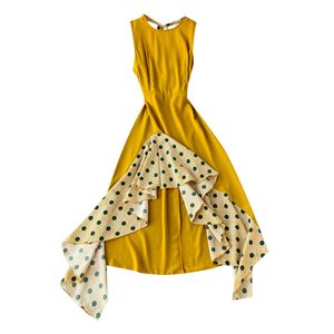 Yellow Polka Dot Patchwork Asymmetrical Ruffle Dress O-neck Sleeveless Tank Halter Midi Summer Vocation D2591 210514