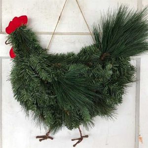 Christmas Wreath Xmas Rooster Chicken Wreath Green Rooster Wreath for Front Door Christmas Farmhouse Garden Decorations 211104