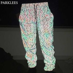 Hip Hop Line Reflective Harem Running Spodnie Mężczyźni Wysoka widoczność Dance Spodnie fluorescencyjne Męskie Noc Sporting Jogger Spodnie 210522