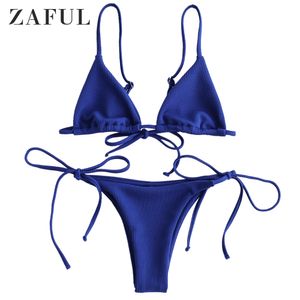 ZAFUL Sexy String Swimwear Ribbed Low Waist Cami Women Bikini Set Swimsuit Female Brazilian Beach Wear Solid Bathing Suit Summer 210318