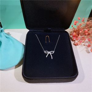 925 Sterling Silver Bow Pendant Necklace Diamond Clavicle Chain Women Jewelry Wholesale Valentine's Day No Box