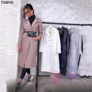 TAOVK Long straight winter coat with rhombus pattern Casual sashe parkas Deep pockets tailored collar stylish outerwear 211013