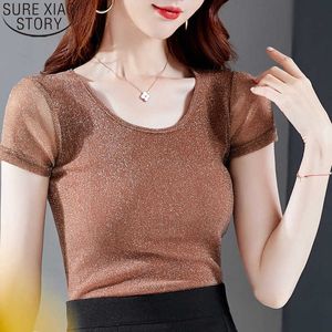Bright Yarn Mesh Blouses Women Summer O-neck Plus Size Solid Short Sleeve Bottoming Shirts Women Ladies Tops Korean Clothes 210527