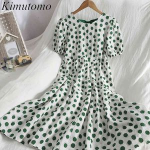 Kimutomo Casual Wave Dot Sukienka Kobiety Kolor Kontrast O-Neck Krótki Rękaw Puff Slim Talia Ruffles Bandaża Line Vestidos Elegancki 210521