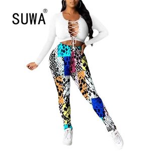 Outono primavera moda roupas colorido amarrar calças tintura cintura alta cintura fitness mulheres se sexy fitness wear k-pop estilo 210525