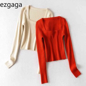 Ezgaga 니트 스웨터 여성 가을 ​​새로운 스퀘어 칼라 긴 소매 풀 오버베이스 솔리드 내부 사무실 레이디 얇은 슬림 빈티지 레드 210430