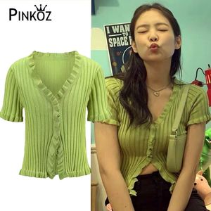 sexy lady Jennie Kim Celebrity Style Knitting Green Ruched Bodycon Crop Top V-neck Tshirt knittedTee Women Chic 210421