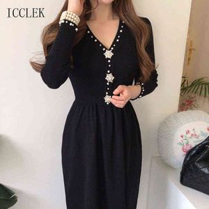 Francês elegante decote em v moda mulheres camisola vestido midi vestido 2021 inverno novo coreano uma peça preto bonito vestido de malha feminino y1204