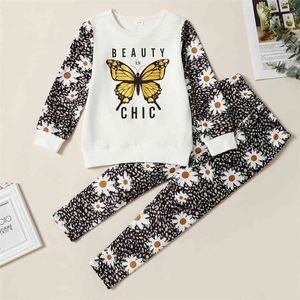 Autumn and Winter Beautiful Button Daisy Allover Print Sweatshirt Pants Set Home Wear Kids Clothing 210528