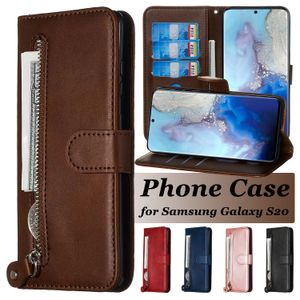 PU Leather Phone Cases for Samsung Galaxy S22 S21 S20 Note20 Ultra Note10 S10 Plus - Calfskin Texture Zipper Wallet Flip Kickstand Cover Case with Coin Purse