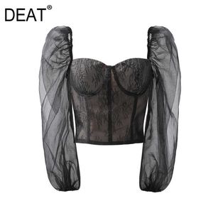 [DEAT] Summer Fashion Printing Square Collar Puff Sleeve Net Yarn Temperament Elegant Chiffon Shirt Women 13C717 210527