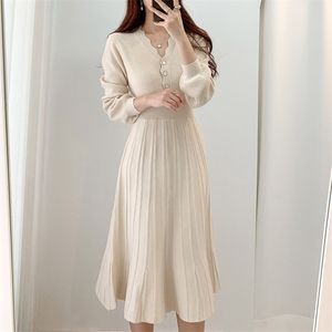 Korean Pleated Dress Spring Long Sleeve Slim Woman Sweater es Knitted Vintage Elegant Midi Party 210514