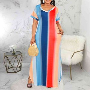 Imprimir tamanho grande mulheres vestidos de mangas curtas bloco de cor elegante 4xl 5xl solto longo Split Casual sundress verão moda 210527