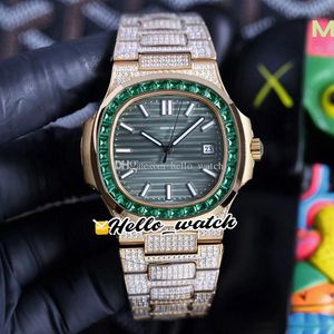 2022 TWF 5719 5711 Diamantes pavimentados 324SC A324 Automático Relógio de textura verde de textura verde marcadores totalmente gelados 18K Relógios de pulseira de diamante amarelo em ouro amarelo