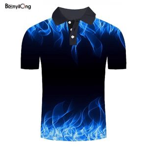 Men's Polos 2021 Shirt Men Business Casual Male Short Sleeve Blue Flame 3D Print Tops Homme Clothing