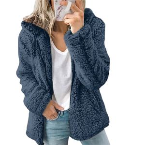 女性の秋冬のジャケットの女性のコート因果的な柔らかいフード付きフリース豪華な暖かいプラスサイズのファックスファーフフリのジッパートップスダデラ211104