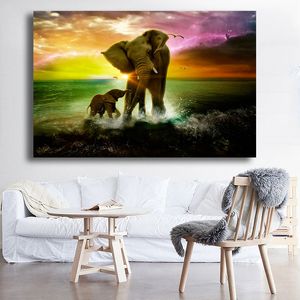 Настенная картина слонов родитель-ребенок на море закат пейзаж масляный роспись печать на холсте картинки домашнее декор