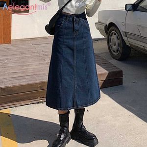 AELEGANTMIS Джинсовая корейская линия юбка женская повседневная свободная высокая талия длинная женская винтажная твердая середина теленка мода 210607