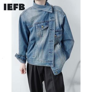 IEFB /men's wear asymmetric turn down collar bule denim jackets spring Fashion niche design two wears coat male 9Y4027 210524