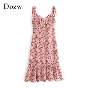 Sweet Spaghetti Strap Midi Dress Women Summer Floral Print Elegant Ruffle Sleeveless Boho A Line Party es 210515