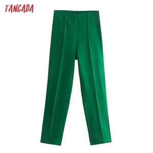 Tangada Fashion Women Green High Waist Suit Pants Trousers Pockets Buttons Office Lady Pantalon QD59 211115