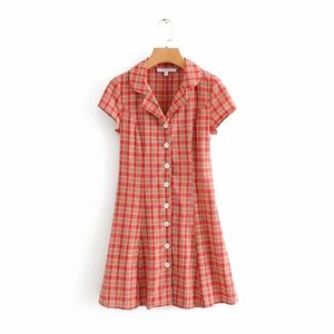 Vintage cotton linen red Plaid dress women elegant short sleeve button mini beach korean party casual vestidos 210521