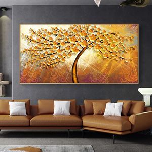 Vintage Home Decor Golden Rich Tree Poster Oil Painting Printed On Canvas Wall Art Pictures For Living Room Decoration Entrance