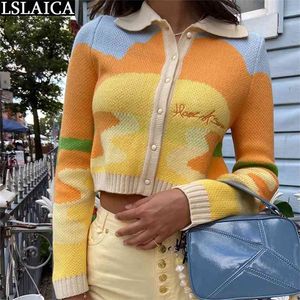 Mulher Suéteres Moda Manga Longa Surgindo Collar Feminino Curto Yellow Top Outono Mulheres Casual Cardigan Sweater 210515