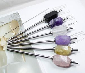 20pcs Eco friendly Reusable Natural Crystal Drinking Straws Amethyst Stainless Steel Quartz Healing Stone Drink Straw With Brush Kit SN2649